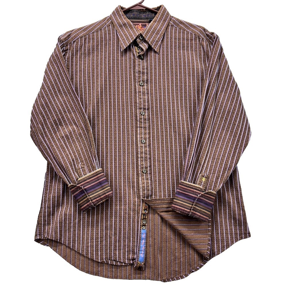 Robert Graham Shirt Mens XL Brown Purple Striped Button Up flip cuff Embroidered